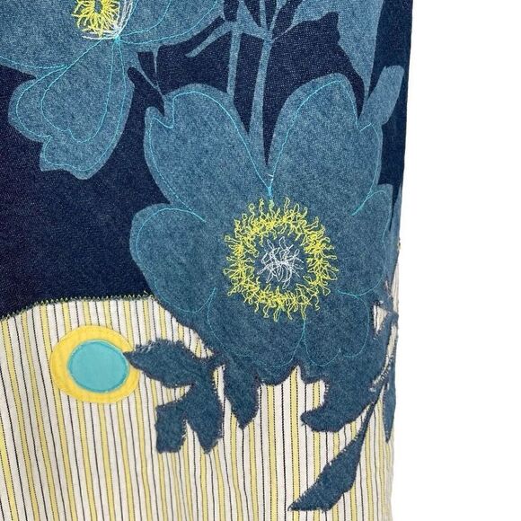 Ted Baker Denim A-Line Applique‎ Midi Skirt Cotton Floral Blue Yellow Women 2 - Picture 2 of 7